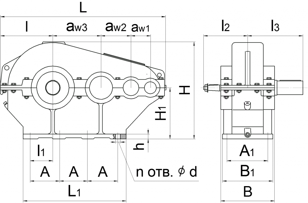 Схема габаритных размеров редуктора ЦТНД
