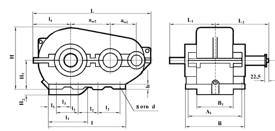 Схема габаритных и присоединительных размеров редуктора РК