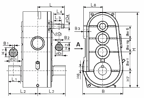 Схема габаритных и присоединительных размеров редуктора ВКУ