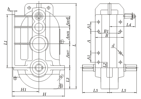Схема габаритных и присоединительных размеров редуктора ВК